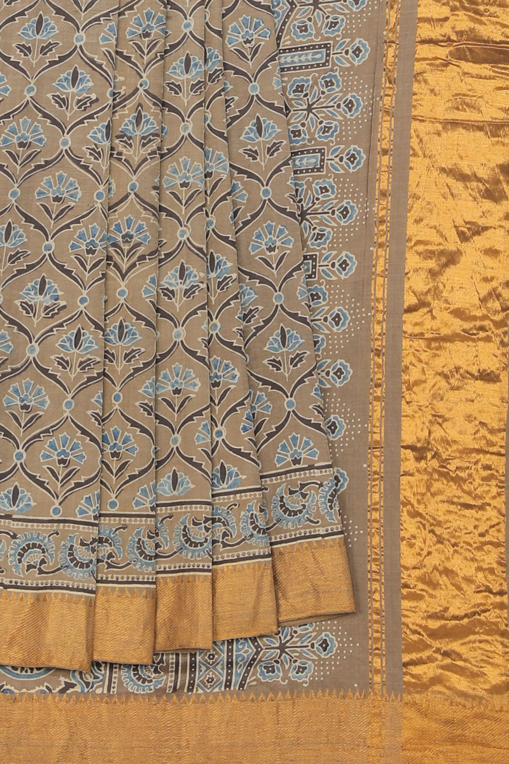 Image of Mangalgiri Silk Floral Ajrakh Printed Saree